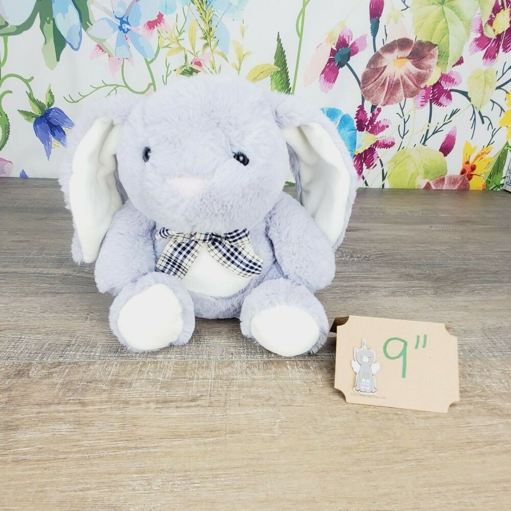 Kellytoy Bee Happy Bunny Rabbit Plush 9" Grey Gingham Plaid Bow Pink Nose
